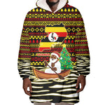 Uganda Christmas Wearable Blanket Hoodie Santa in Canoe Christmas Tree Uganda Map Flag - African Pride