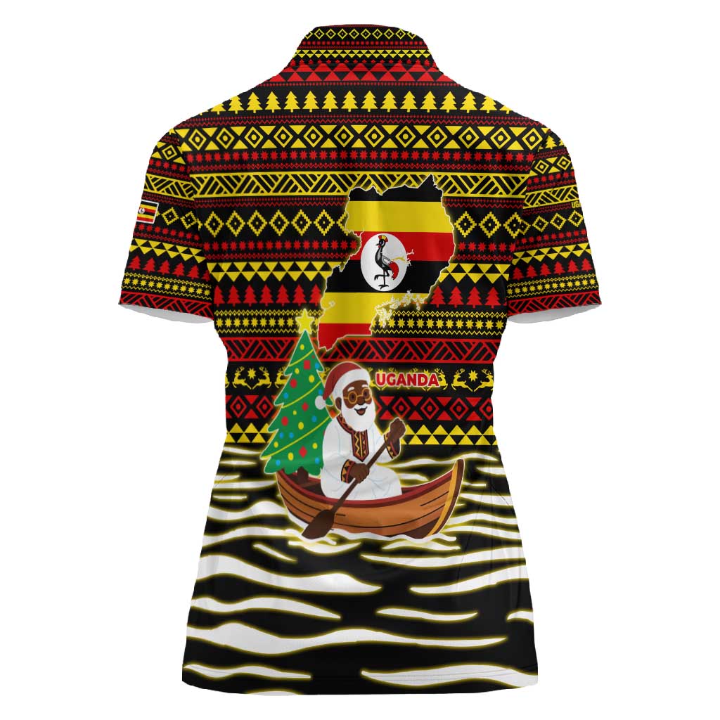 Uganda Christmas Women Polo Shirt Santa in Canoe Christmas Tree Uganda Map Flag - African Pride