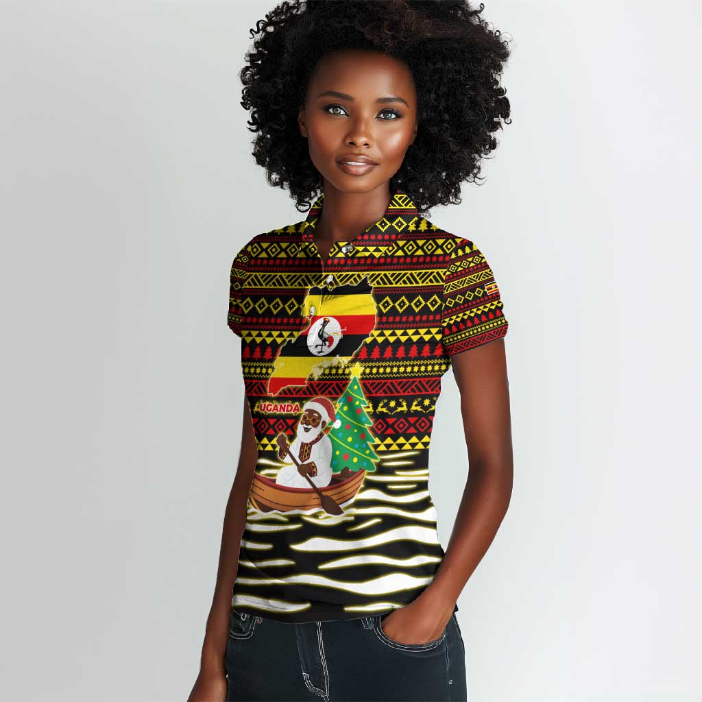 Uganda Christmas Women Polo Shirt Santa in Canoe Christmas Tree Uganda Map Flag - African Pride