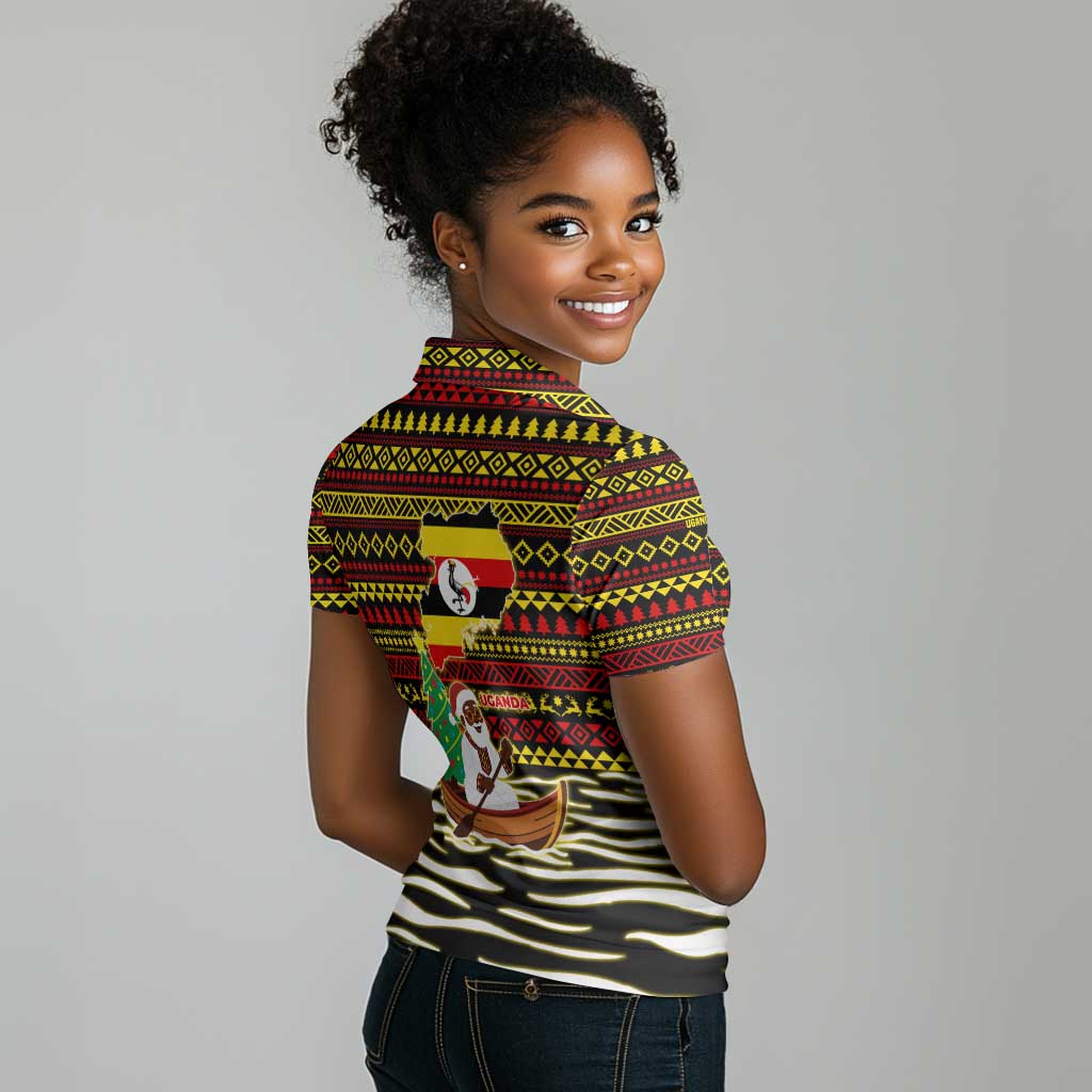 Uganda Christmas Women Polo Shirt Santa in Canoe Christmas Tree Uganda Map Flag - African Pride