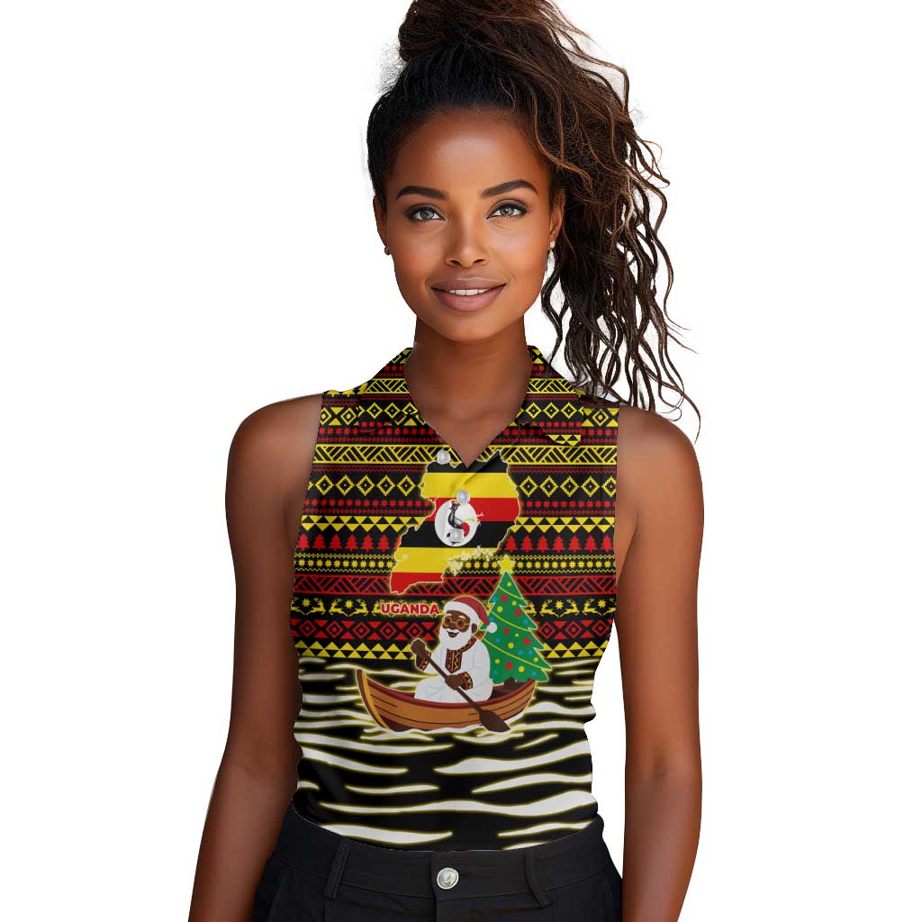 Uganda Christmas Women Sleeveless Polo Shirt Santa in Canoe Christmas Tree Uganda Map Flag - African Pride