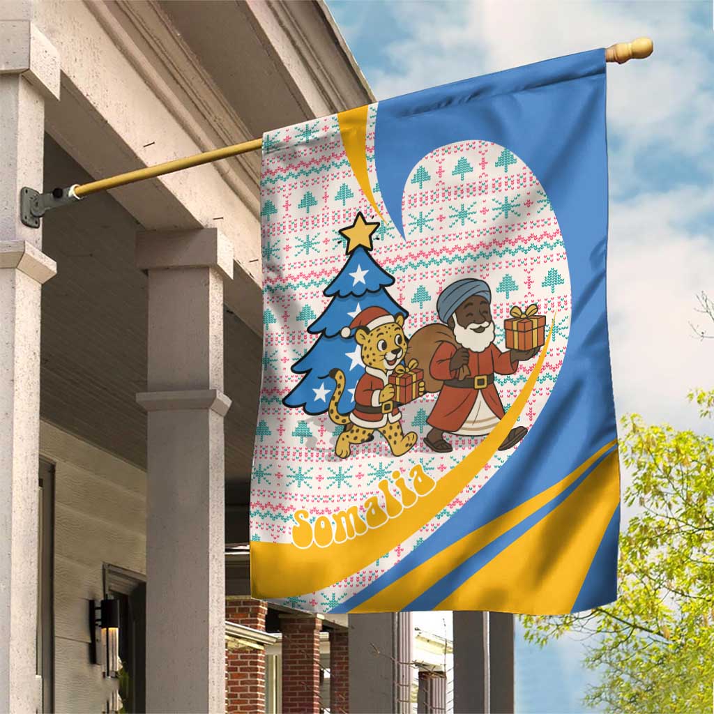 Somalia Christmas Garden Flag Santa Cheetah Christmas Tree Village Scene and Festive Snowflake - African Pride