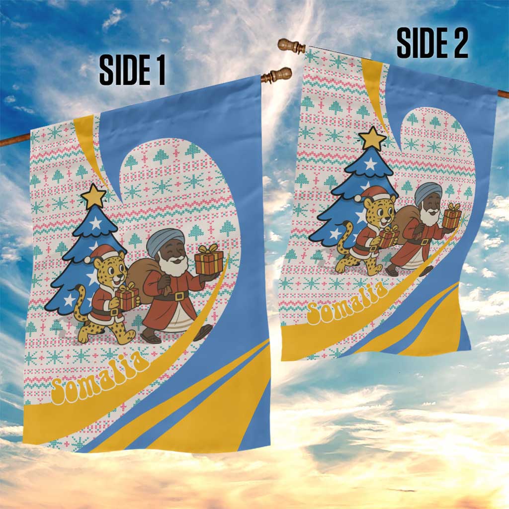 Somalia Christmas Garden Flag Santa Cheetah Christmas Tree Village Scene and Festive Snowflake - African Pride