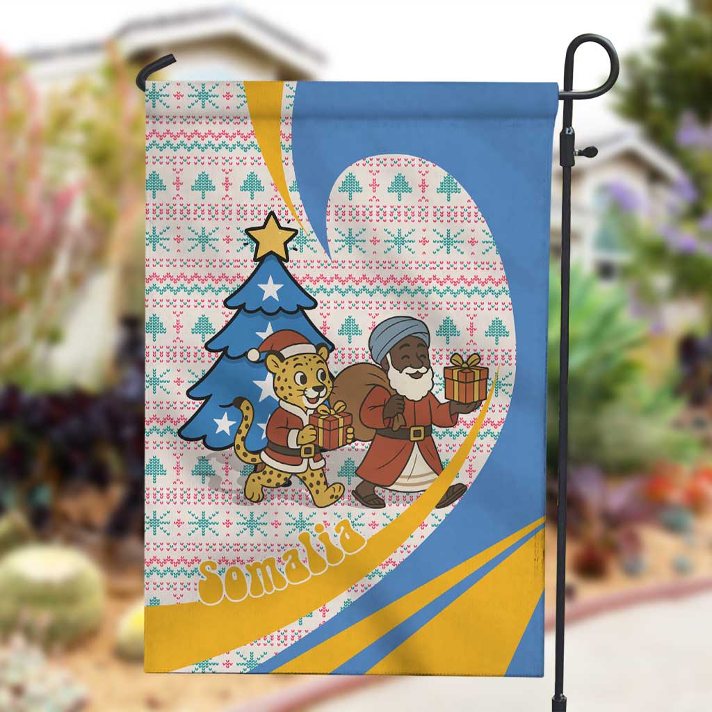 Somalia Christmas Garden Flag Santa Cheetah Christmas Tree Village Scene and Festive Snowflake - African Pride
