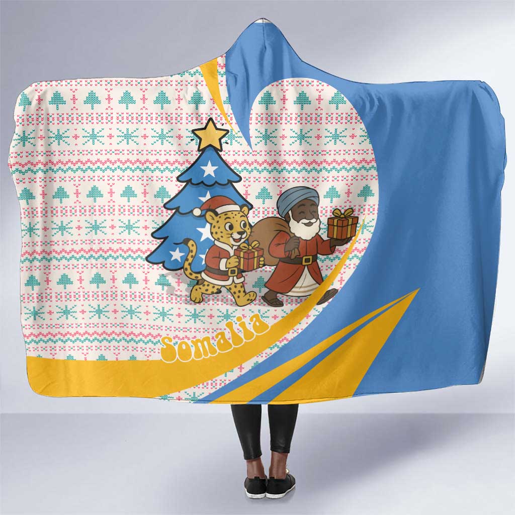 Somalia Christmas Hooded Blanket Santa Cheetah Christmas Tree Village Scene and Festive Snowflake - African Pride