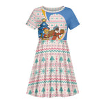 Somalia Christmas Kid Short Sleeve Dress Santa Cheetah Christmas Tree Village Scene and Festive Snowflake - African Pride