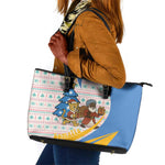 Somalia Christmas Leather Tote Bag Santa Cheetah Christmas Tree Village Scene and Festive Snowflake - African Pride