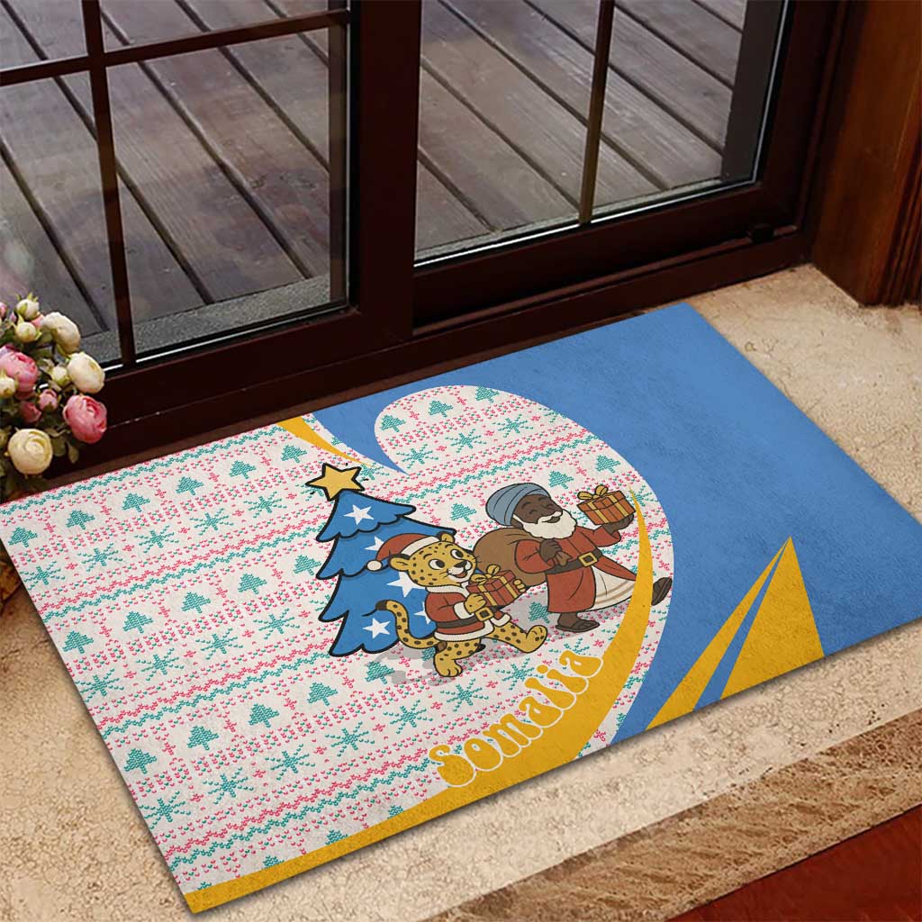 Somalia Christmas Rubber Doormat Santa Cheetah Christmas Tree Village Scene and Festive Snowflake - African Pride