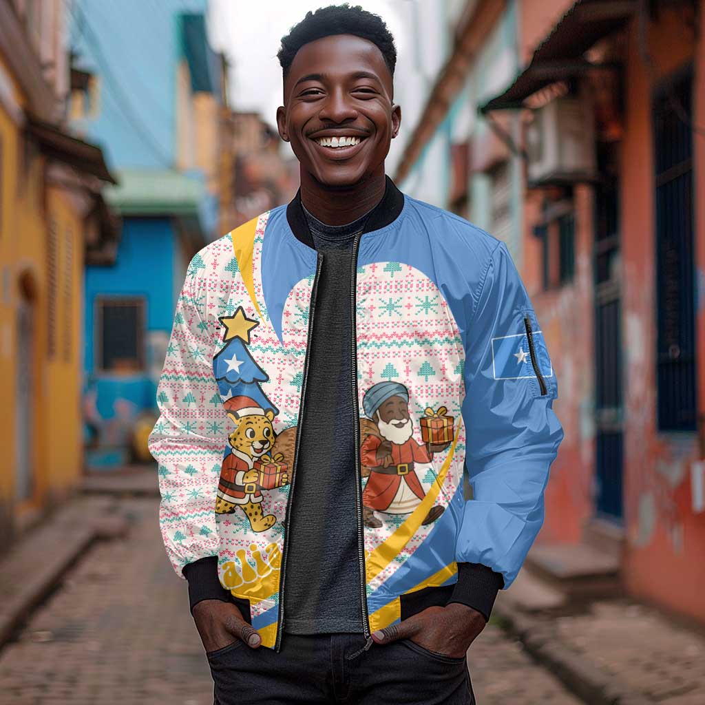 Somalia Christmas Sleeve Zip Bomber Jacket Santa Cheetah Christmas Tree Village Scene and Festive Snowflake - African Pride