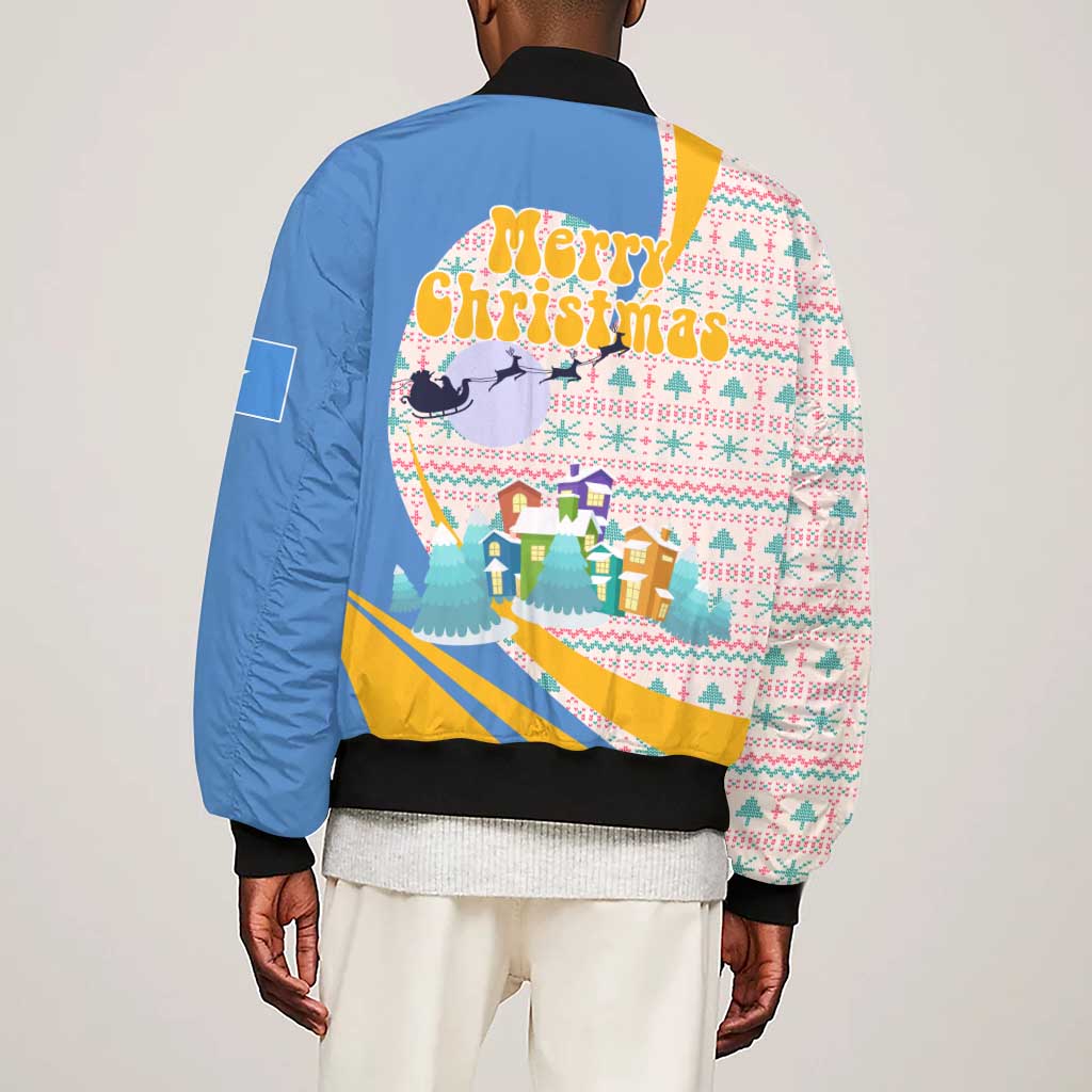 Somalia Christmas Sleeve Zip Bomber Jacket Santa Cheetah Christmas Tree Village Scene and Festive Snowflake - African Pride