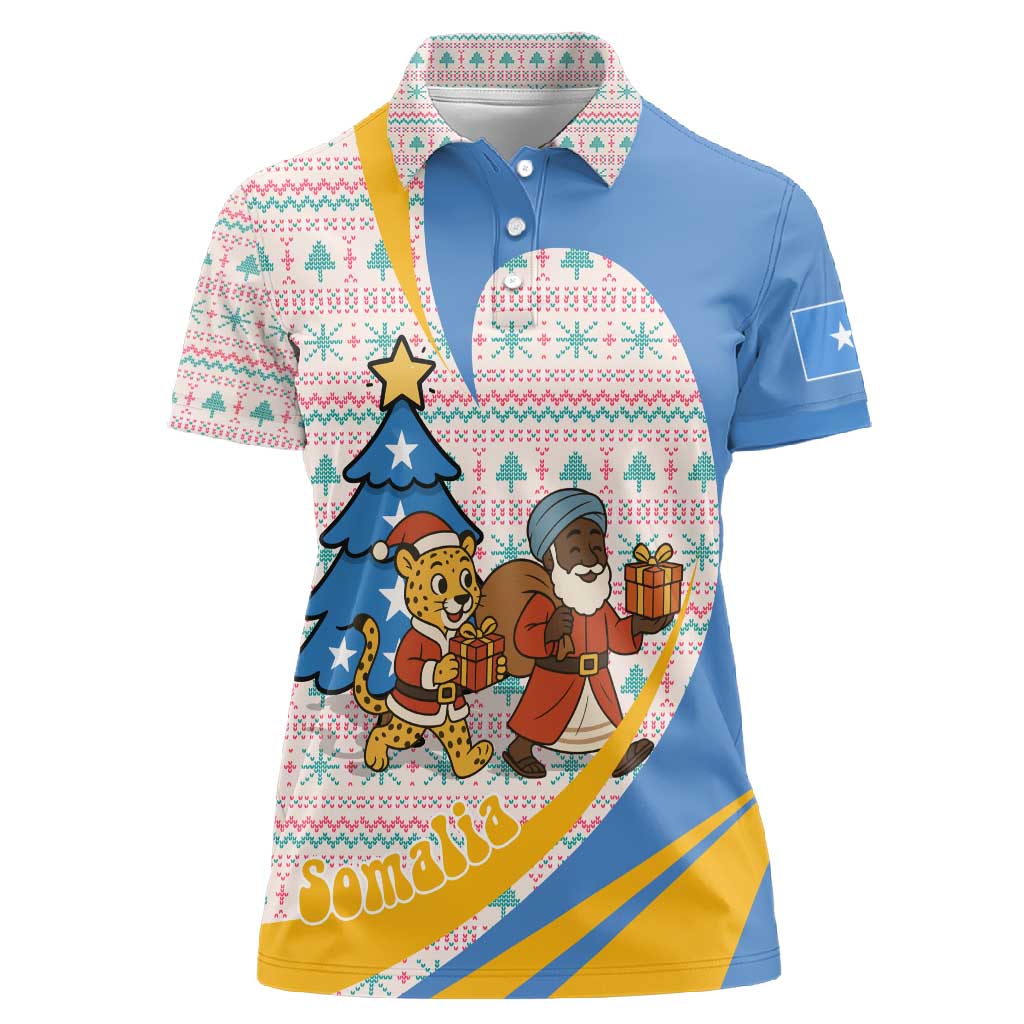 Somalia Christmas Women Polo Shirt Santa Cheetah Christmas Tree Village Scene and Festive Snowflake - African Pride
