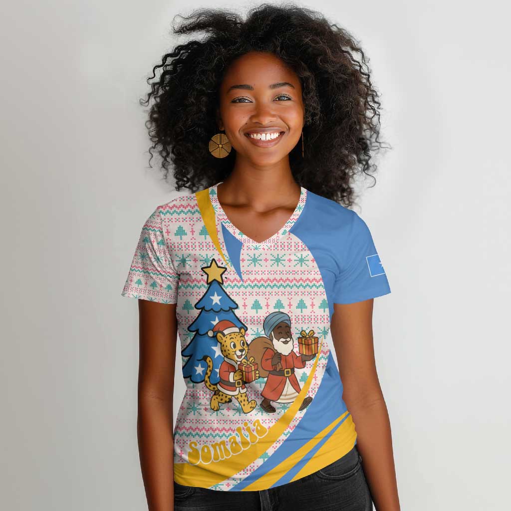 Somalia Christmas Women V-Neck T-Shirt Santa Cheetah Christmas Tree Village Scene and Festive Snowflake - African Pride