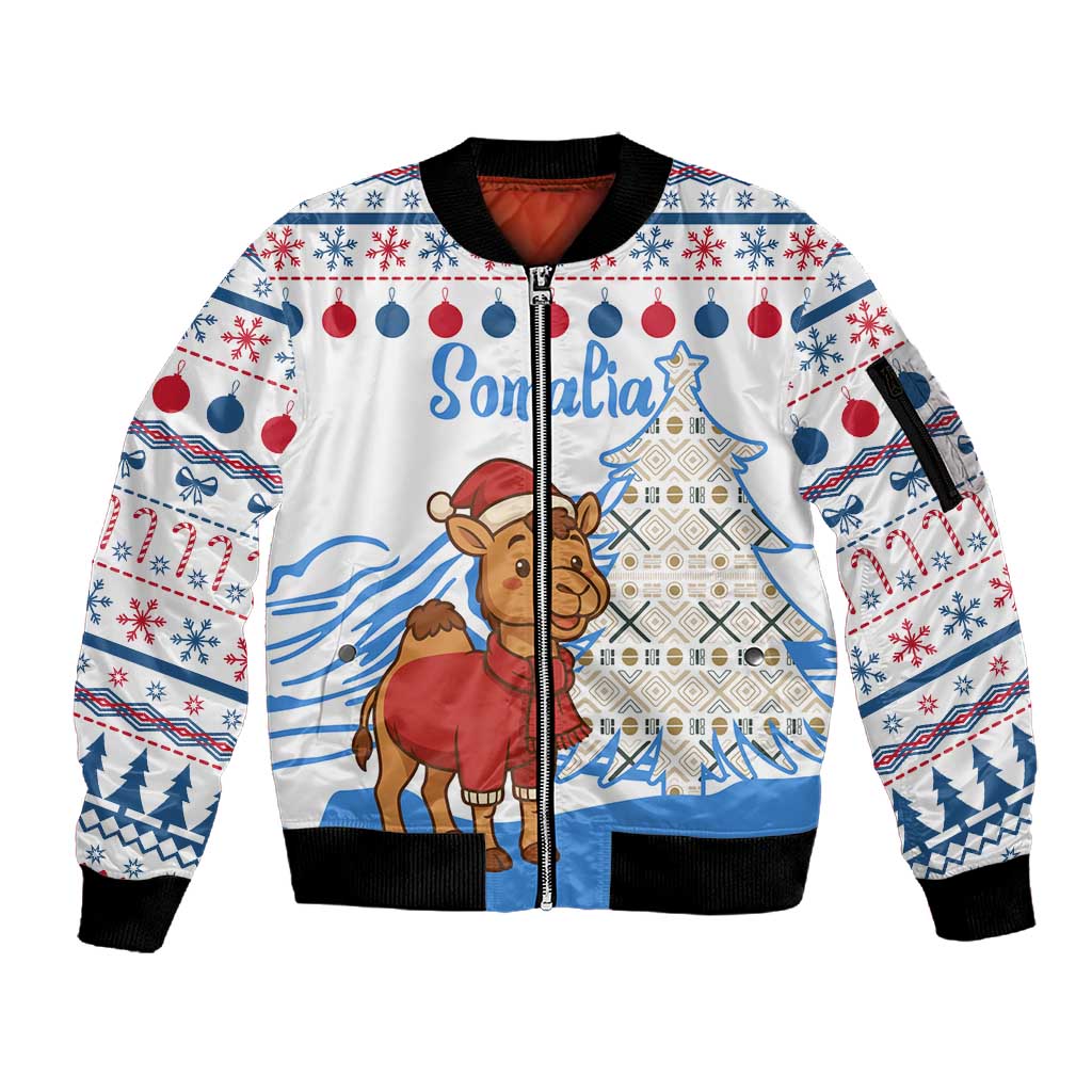 Somalia Christmas Sleeve Zip Bomber Jacket Santa on Camel Christmas Tree Ornaments Candy Canes and Snowflake - African Pride