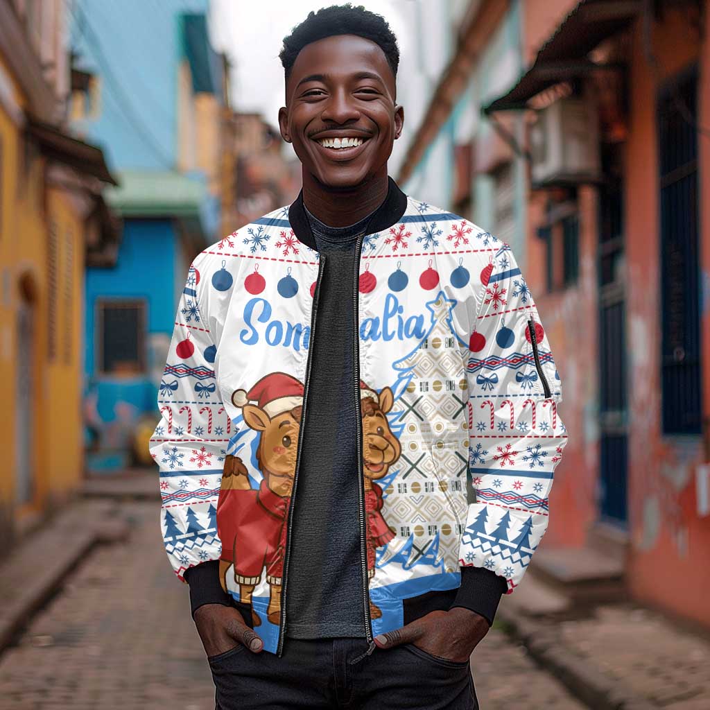 Somalia Christmas Sleeve Zip Bomber Jacket Santa on Camel Christmas Tree Ornaments Candy Canes and Snowflake - African Pride