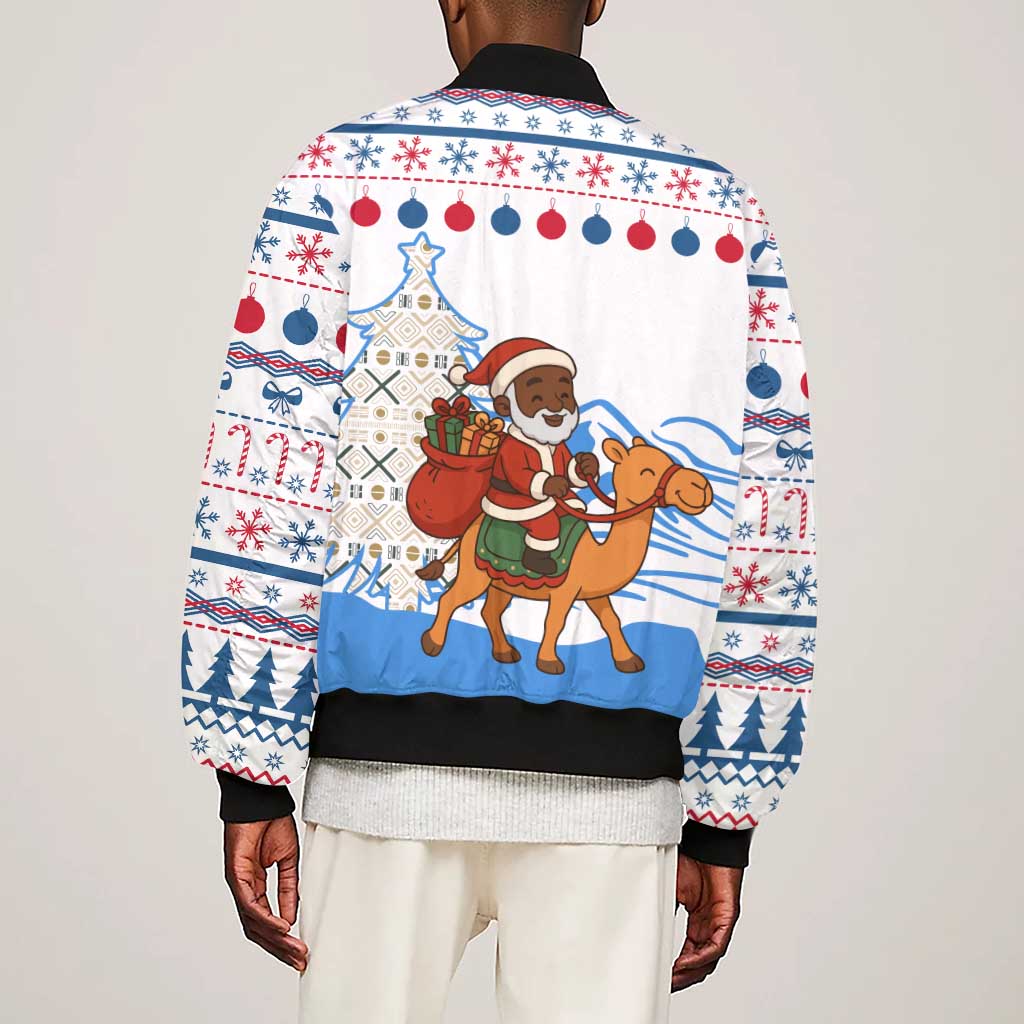 Somalia Christmas Sleeve Zip Bomber Jacket Santa on Camel Christmas Tree Ornaments Candy Canes and Snowflake - African Pride