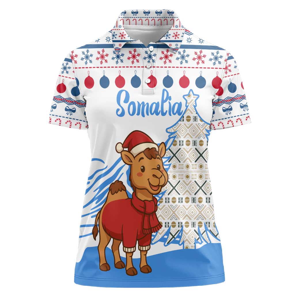 Somalia Christmas Women Polo Shirt Santa on Camel Christmas Tree Ornaments Candy Canes and Snowflake - African Pride