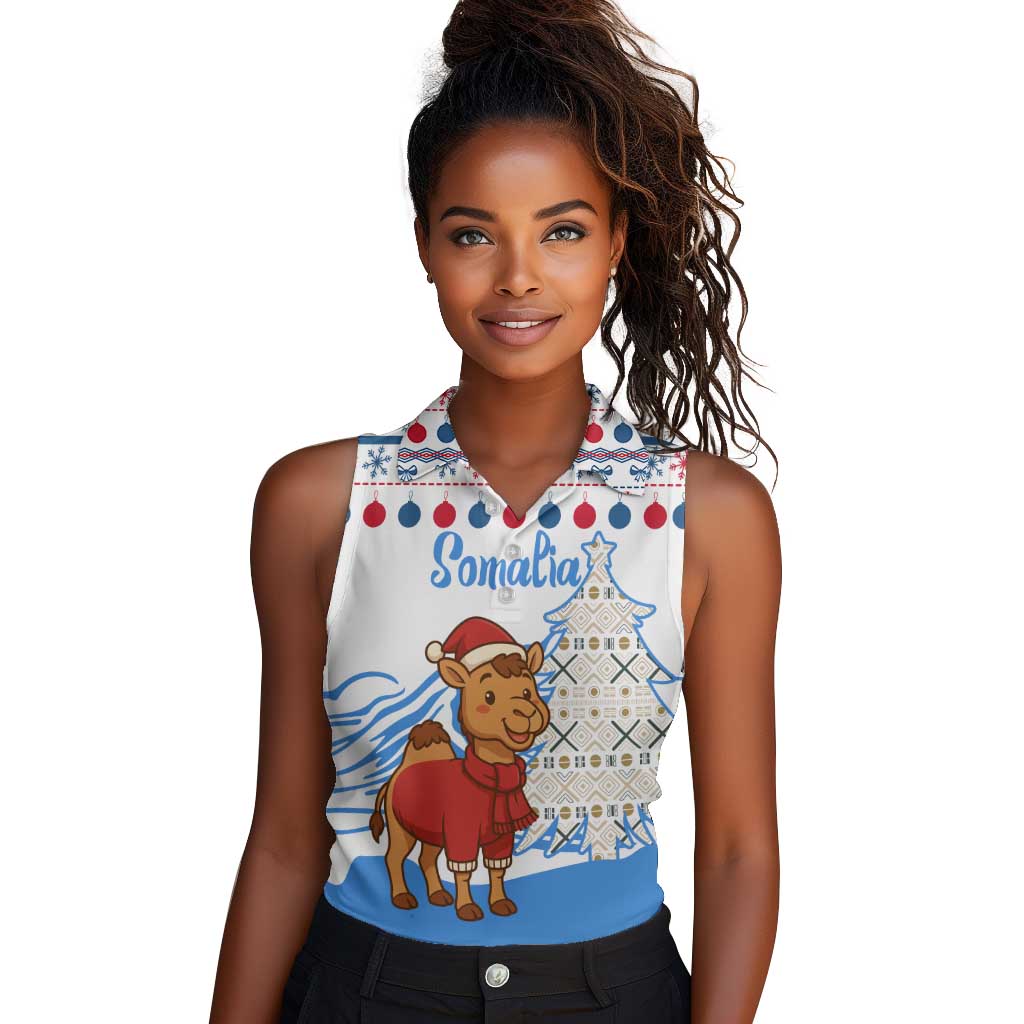 Somalia Christmas Women Sleeveless Polo Shirt Santa on Camel Christmas Tree Ornaments Candy Canes and Snowflake - African Pride