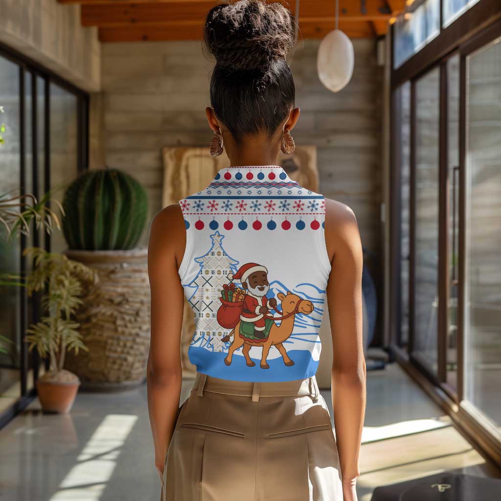 Somalia Christmas Women Sleeveless Polo Shirt Santa on Camel Christmas Tree Ornaments Candy Canes and Snowflake - African Pride