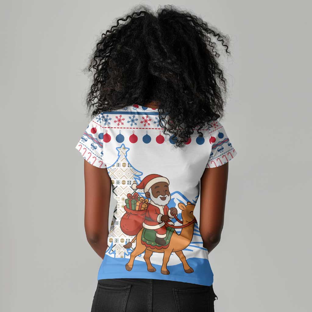 Somalia Christmas Women V-Neck T-Shirt Santa on Camel Christmas Tree Ornaments Candy Canes and Snowflake - African Pride