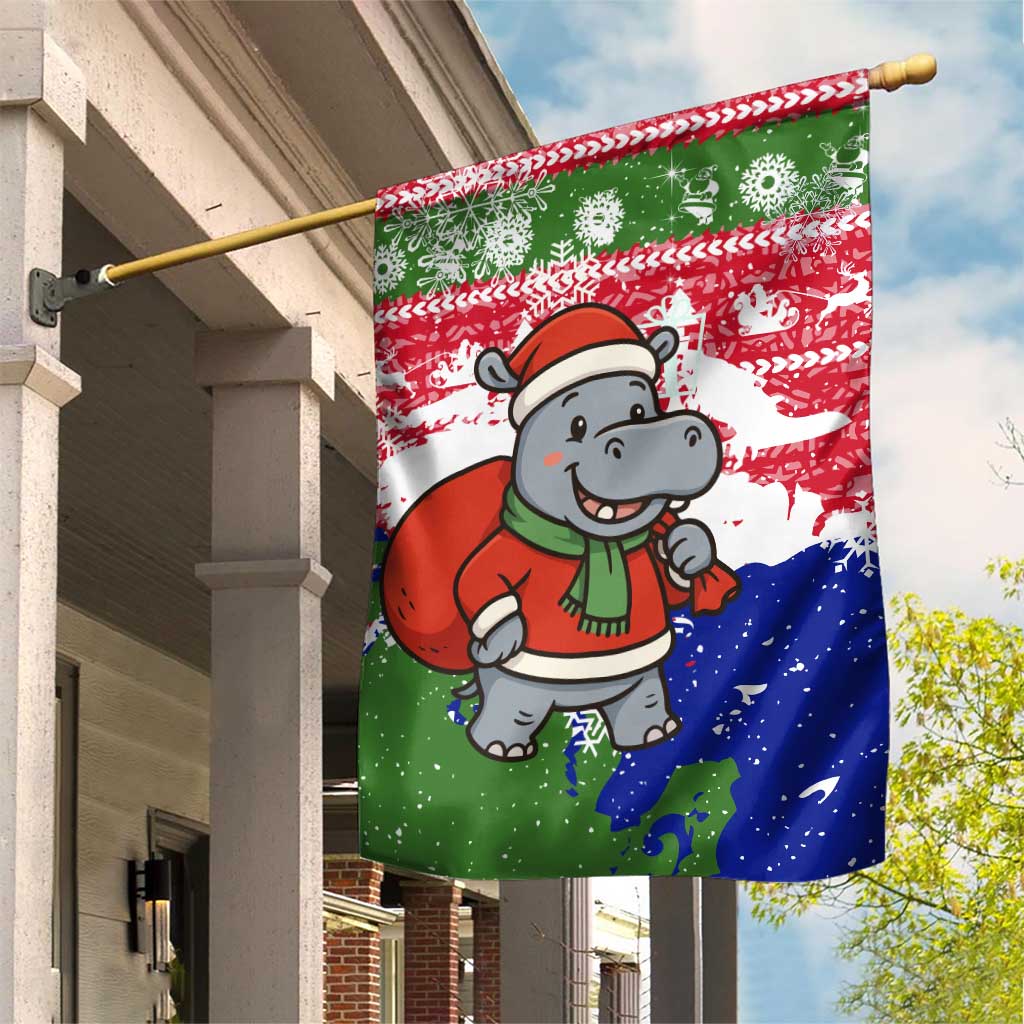 Gambia Christmas Garden Flag Santa Hippo National Coat of Arms Snowflakes and Festive Holiday - African Pride