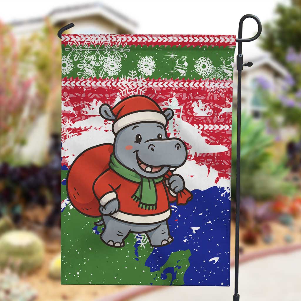 Gambia Christmas Garden Flag Santa Hippo National Coat of Arms Snowflakes and Festive Holiday - African Pride