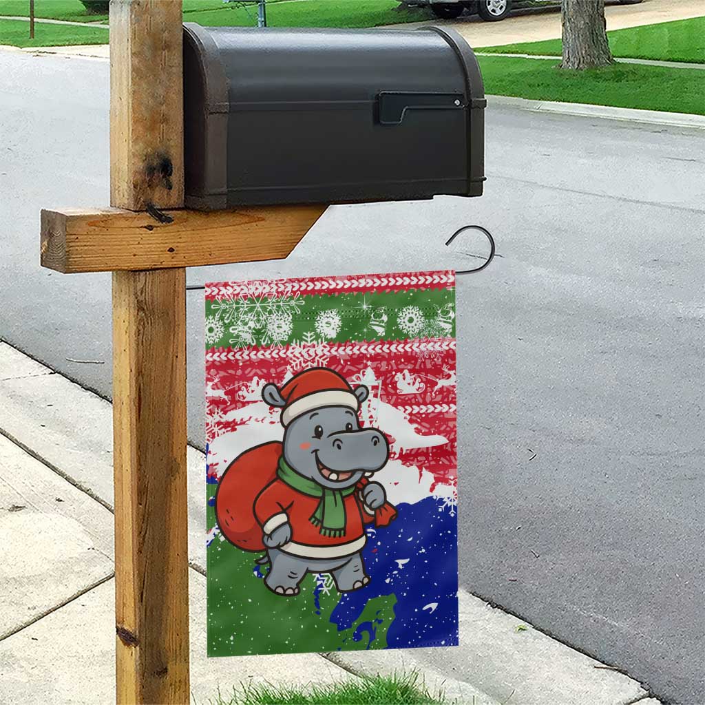 Gambia Christmas Garden Flag Santa Hippo National Coat of Arms Snowflakes and Festive Holiday - African Pride