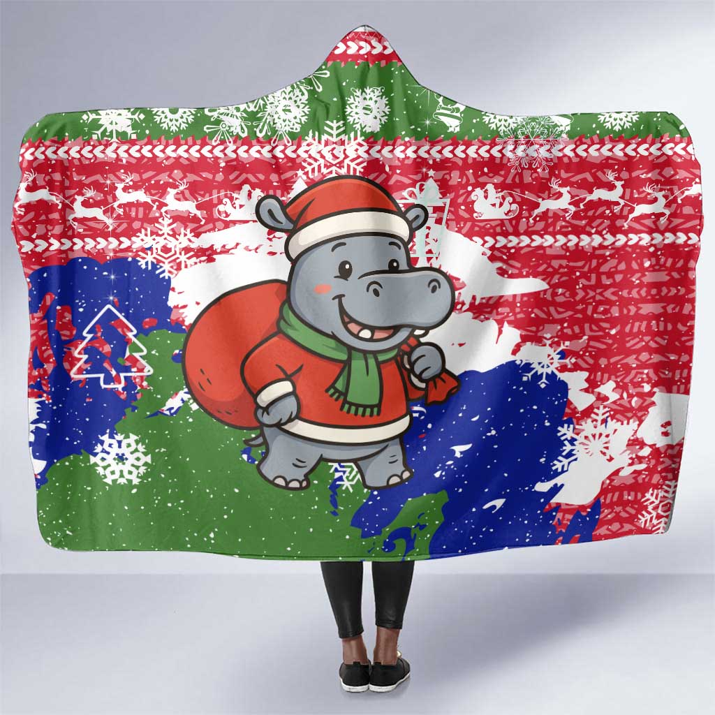 Gambia Christmas Hooded Blanket Santa Hippo National Coat of Arms Snowflakes and Festive Holiday - African Pride