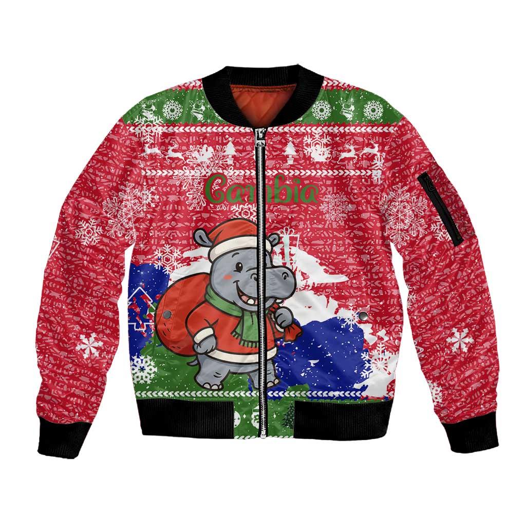 Gambia Christmas Sleeve Zip Bomber Jacket Santa Hippo National Coat of ...