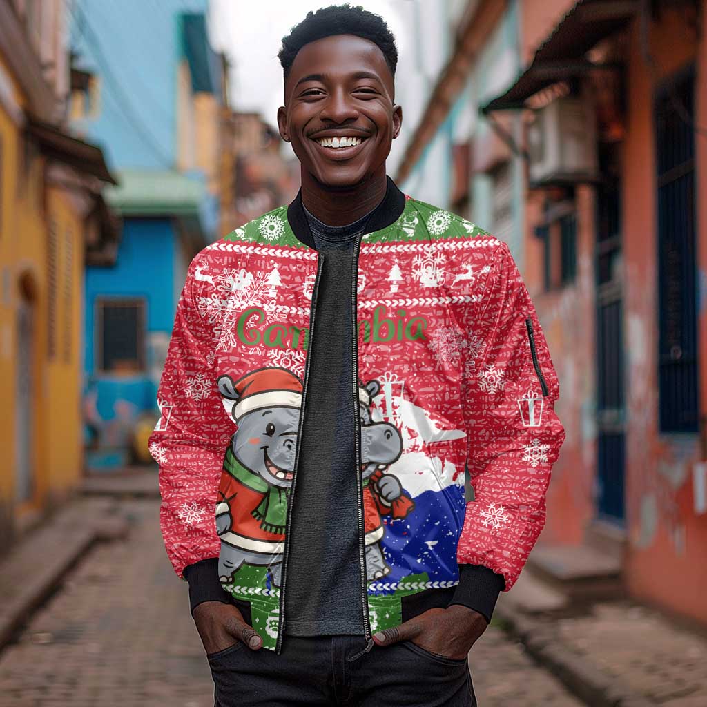 Gambia Christmas Sleeve Zip Bomber Jacket Santa Hippo National Coat of Arms Snowflakes and Festive Holiday - African Pride