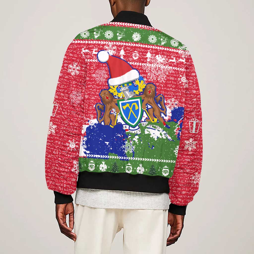 Gambia Christmas Sleeve Zip Bomber Jacket Santa Hippo National Coat of Arms Snowflakes and Festive Holiday - African Pride