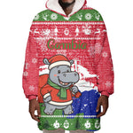 Gambia Christmas Wearable Blanket Hoodie Santa Hippo National Coat of Arms Snowflakes and Festive Holiday - African Pride