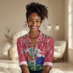 Gambia Christmas Women Casual Shirt Santa Hippo National Coat of Arms Snowflakes and Festive Holiday - African Pride