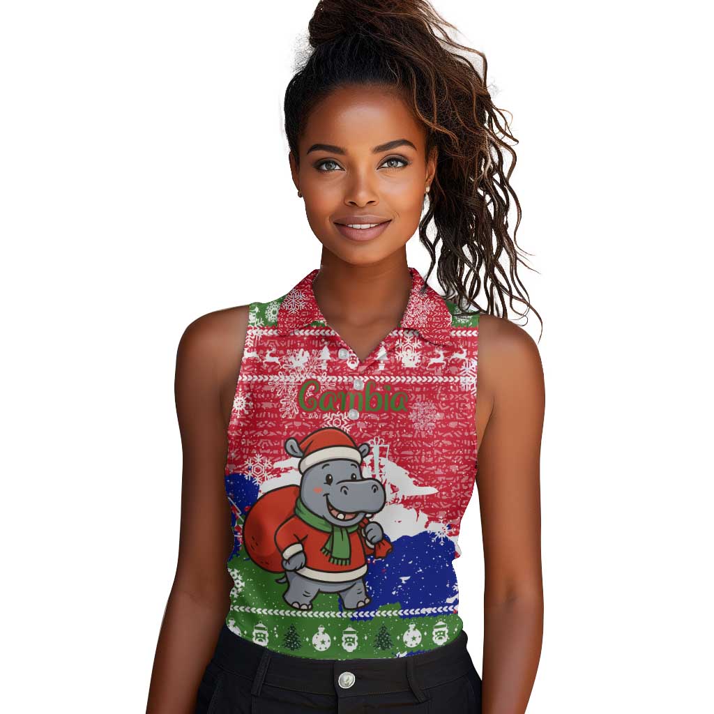 Gambia Christmas Women Sleeveless Polo Shirt Santa Hippo National Coat of Arms Snowflakes and Festive Holiday - African Pride