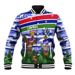 Gambia Christmas Baseball Jacket Santa Birds Gift Boxes Forest Scene and Snowflake - African Pride
