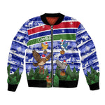 Gambia Christmas Bomber Jacket Santa Birds Gift Boxes Forest Scene and Snowflake - African Pride