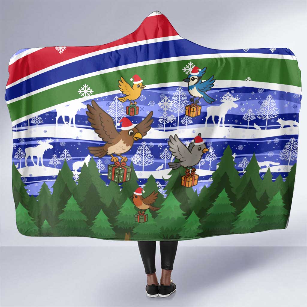 Gambia Christmas Hooded Blanket Santa Birds Gift Boxes Forest Scene and Snowflake - African Pride