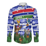 Gambia Christmas Long Sleeve Button Shirt Santa Birds Gift Boxes Forest Scene and Snowflake - African Pride