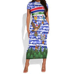 Gambia Christmas Short Sleeve Bodycon Dress Santa Birds Gift Boxes Forest Scene and Snowflake - African Pride