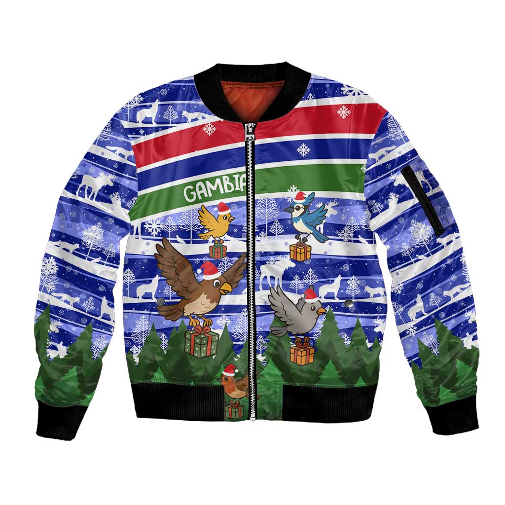 Gambia Christmas Sleeve Zip Bomber Jacket Santa Birds Gift Boxes Forest Scene and Snowflake - African Pride