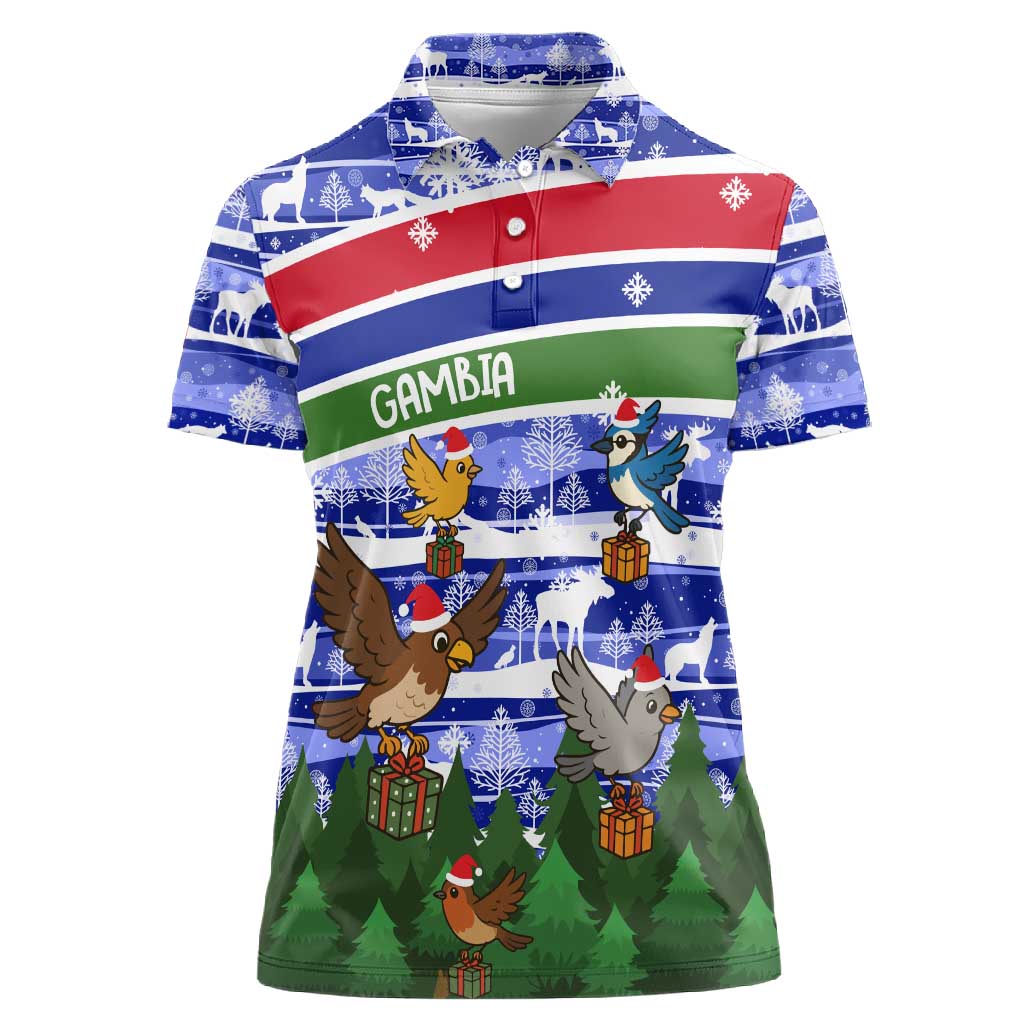 Gambia Christmas Women Polo Shirt Santa Birds Gift Boxes Forest Scene and Snowflake - African Pride