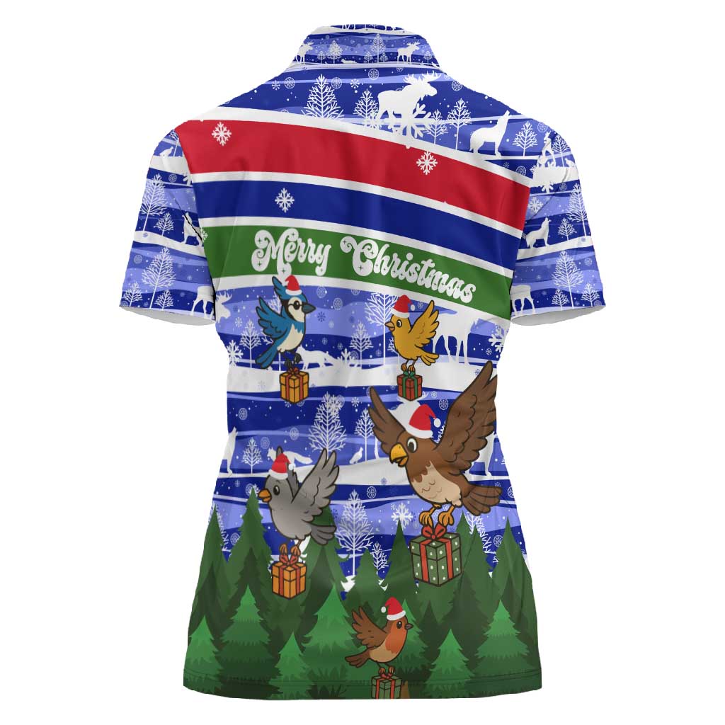 Gambia Christmas Women Polo Shirt Santa Birds Gift Boxes Forest Scene and Snowflake - African Pride