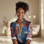 Liberia Elephant Power of Tradition Women Casual Shirt Tribal Red Blue Splash - African Pride