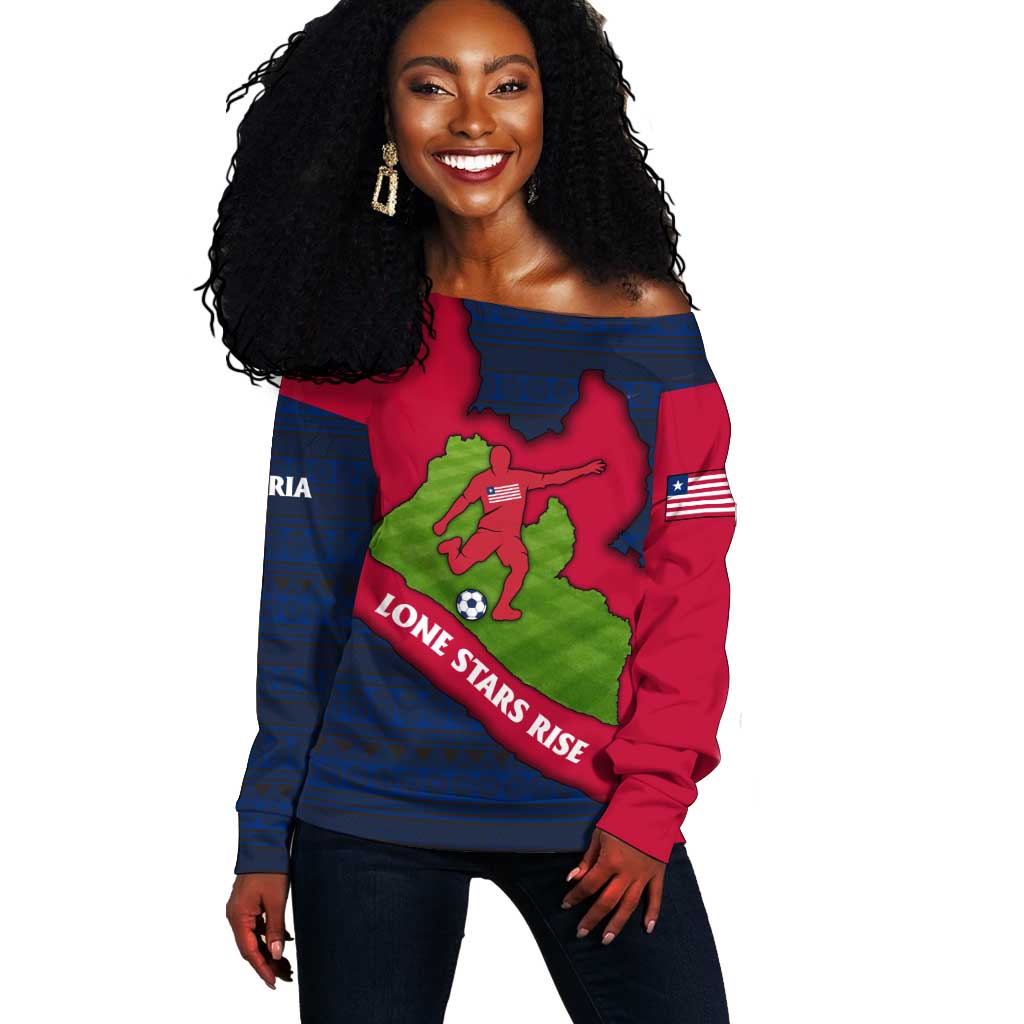 Liberia Lone Stars Rise Football Off Shoulder Sweater Map Graphic and National Flag - African Pride