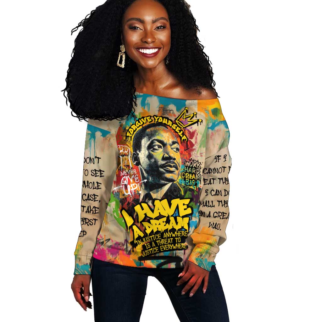 Martin Luther King Graffiti Afro Off Shoulder Sweater Colorful Spray Paint Quotes and Crown - African Pride