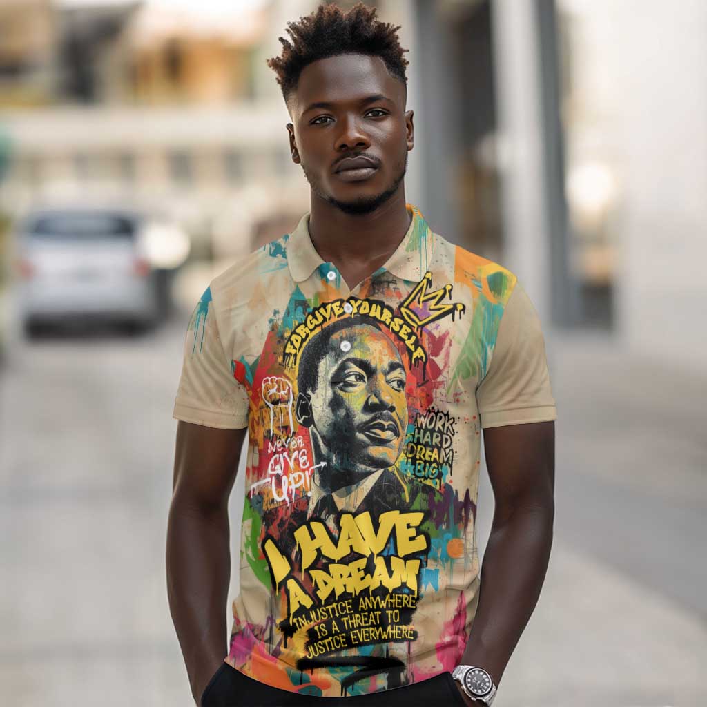 Martin Luther King Graffiti Afro Polo Shirt Colorful Spray Paint Quotes and Crown - African Pride