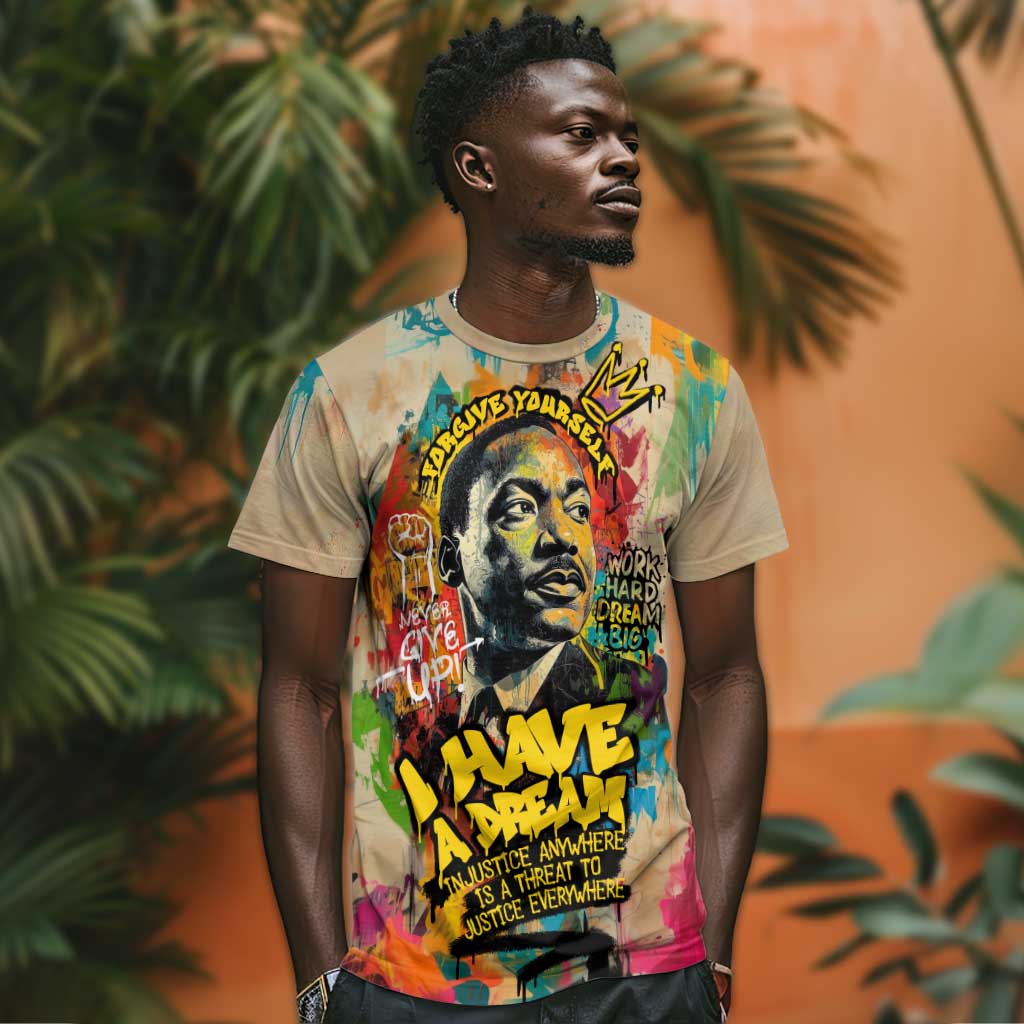 Martin Luther King Graffiti Afro T shirt Colorful Spray Paint Quotes and Crown - African Pride