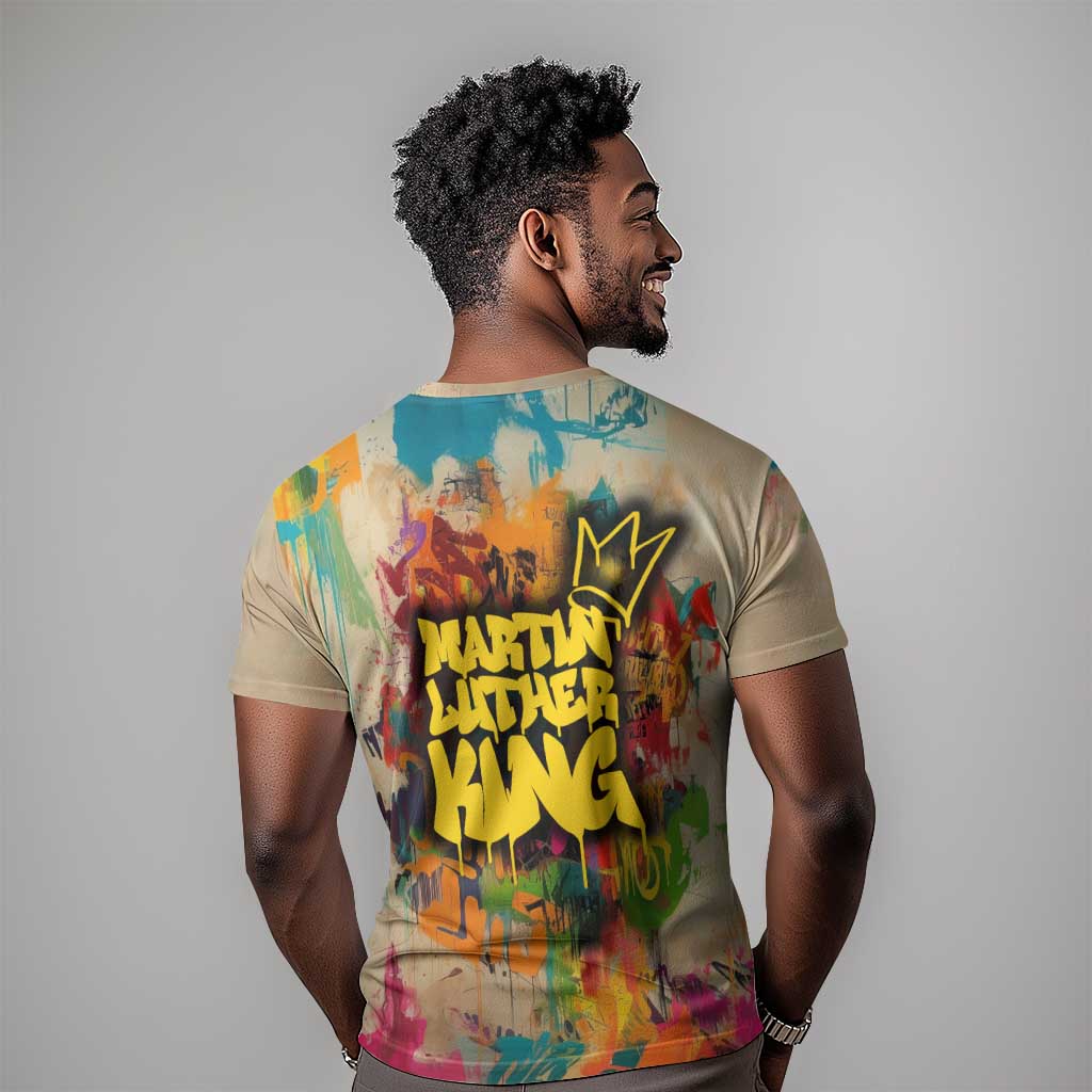 Martin Luther King Graffiti Afro T shirt Colorful Spray Paint Quotes and Crown - African Pride
