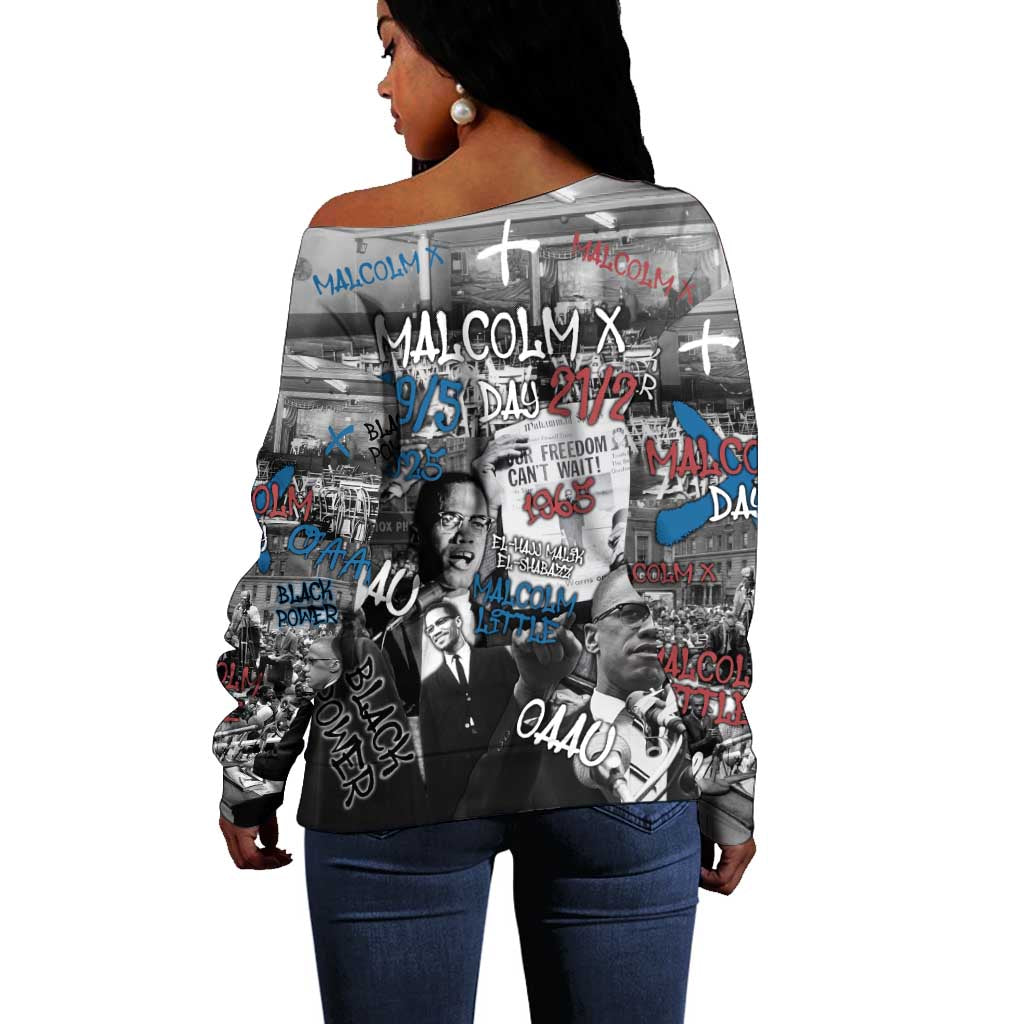 Afro Malcolm X Off Shoulder Sweater Quotes Dates and Black History Activist Theme - African Pride
