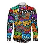 Hip Hop Graffiti African Long Sleeve Button Shirt Black Melanin Text and Urban Street Art - African Pride