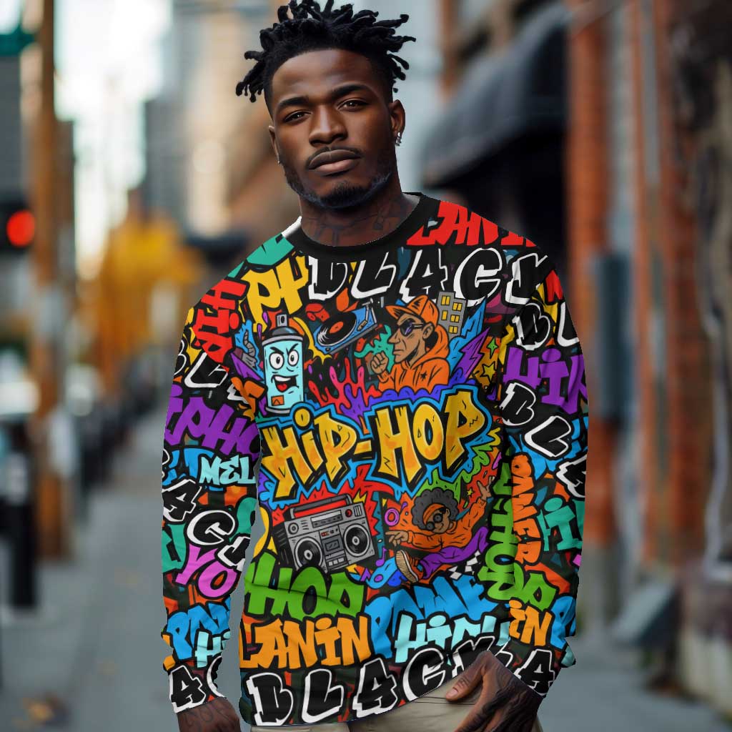 Hip Hop Graffiti African Long Sleeve Shirt Black Melanin Text and Urban Street Art - African Pride